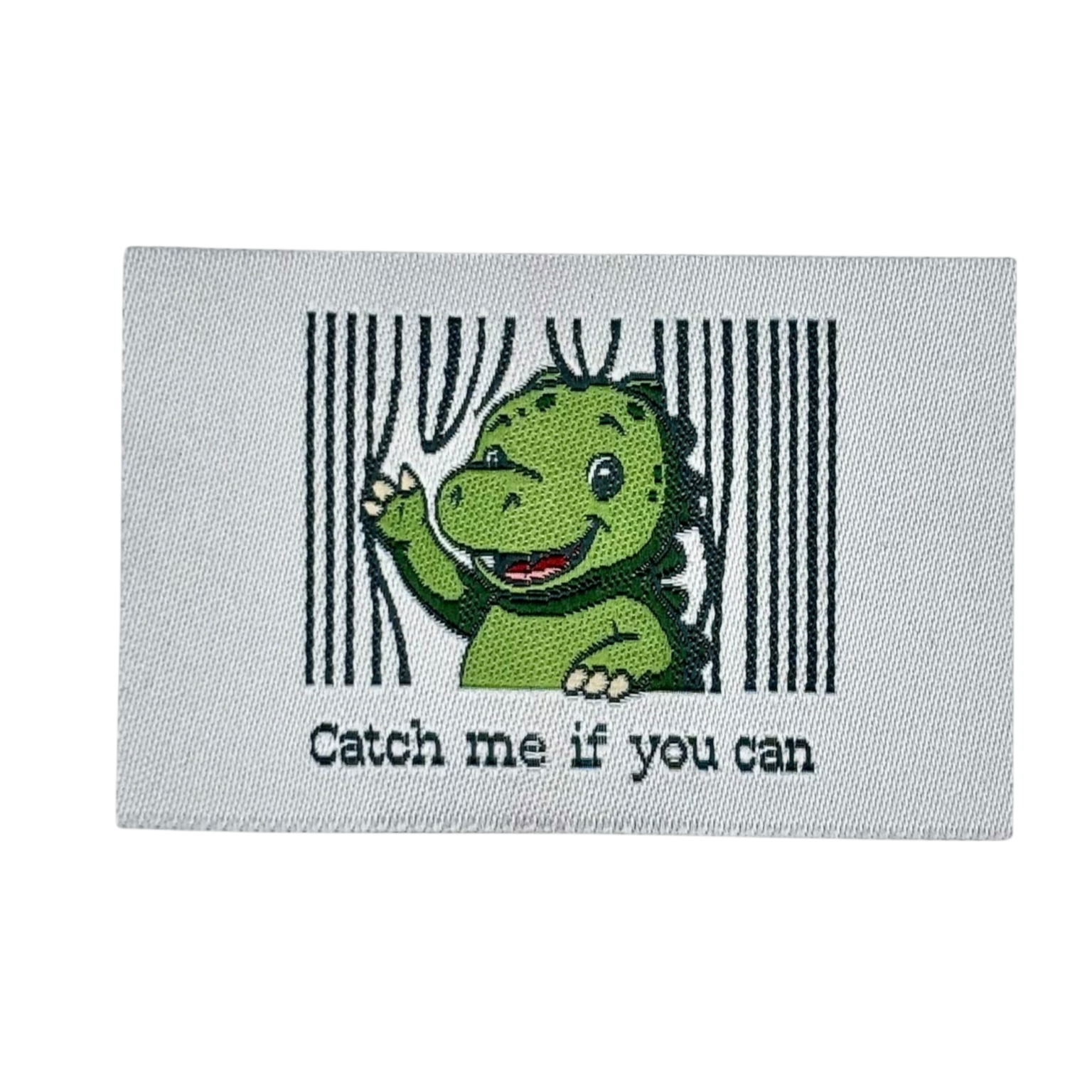 Geborduurd label met groene dinosaurus en tekst Catch me if you can op witte stof
