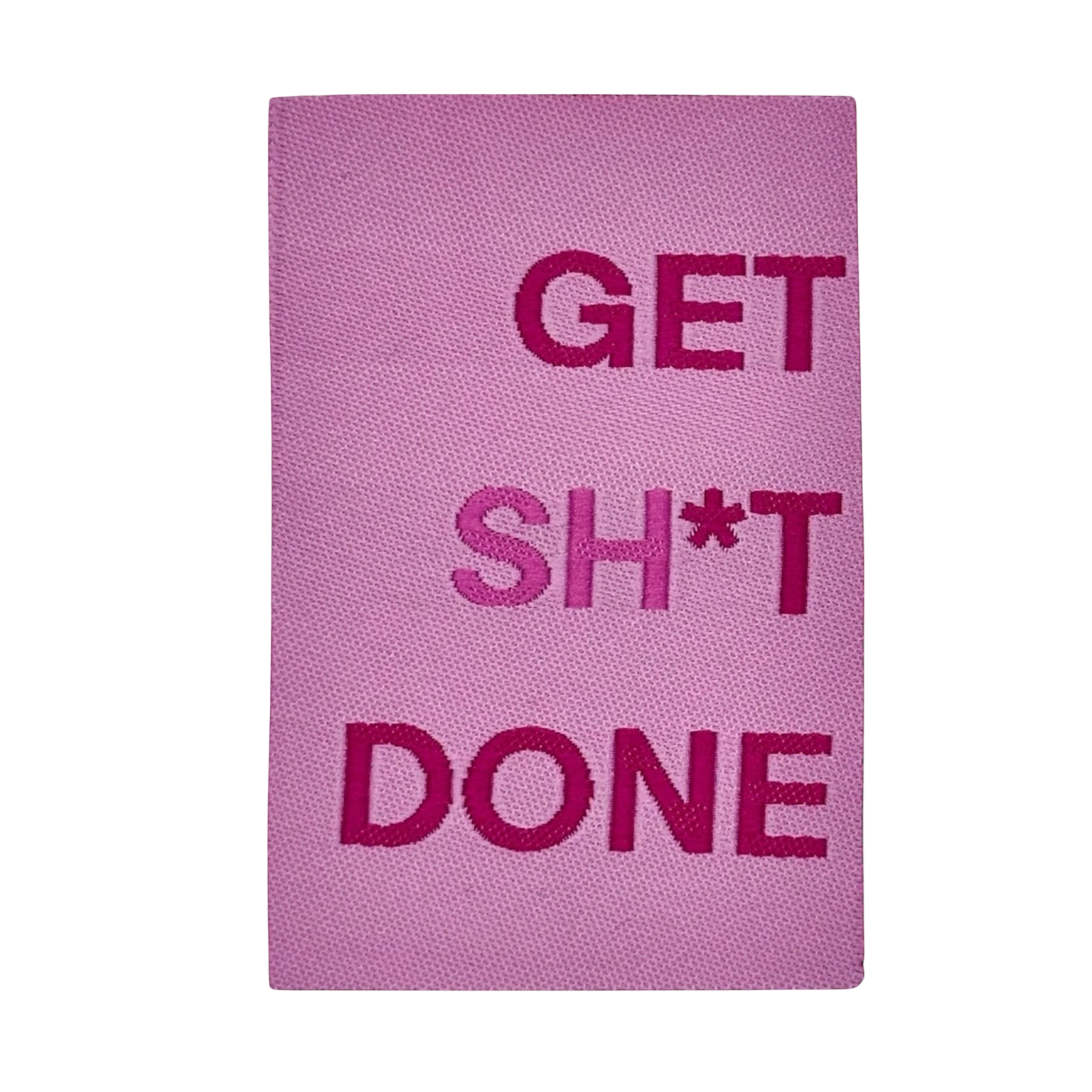 Roze geborduurd wandtapijt met motiverende tekst GET SH*T DONE in donkerroze letters