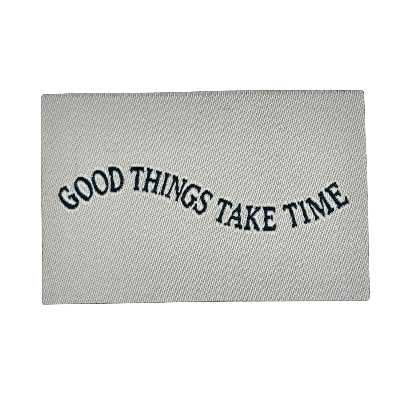 Deurmat met zwarte tekst "Good Things Take Time" op grijze gestructureerde achtergrond