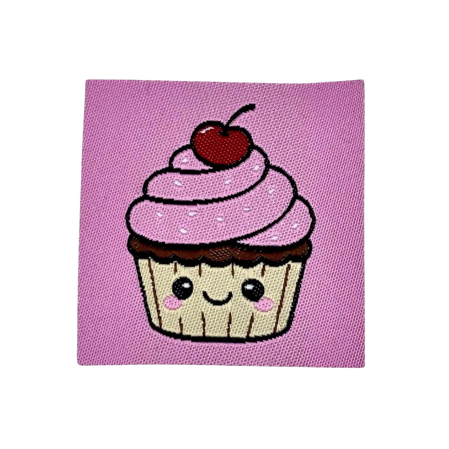 Geborduurd strijkembleem van een schattige cupcake met roze glazuur en kersje op paarse achtergrond